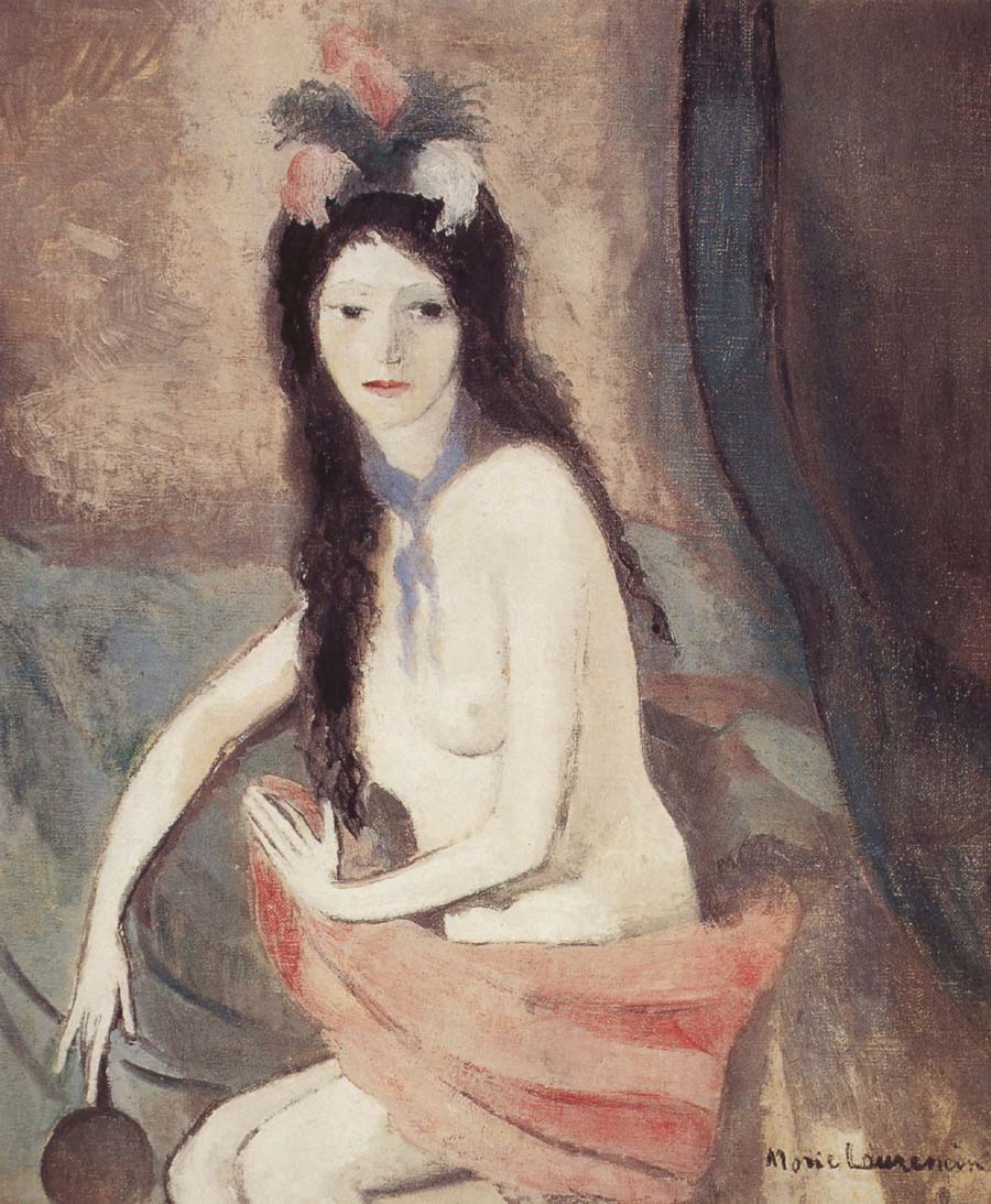 The naked woman holding a piece of mirror
